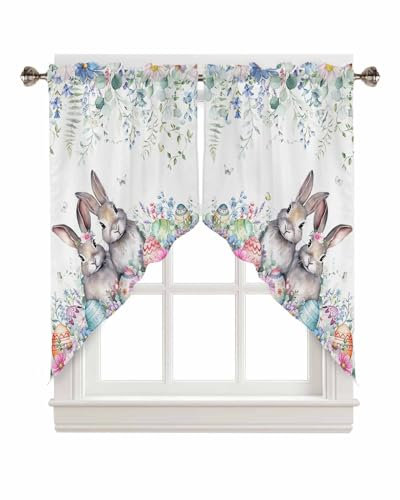 Osterhasen-Küchenvorhänge, Ostereier, Eukalyptusblätter, Fenstervolant-Set, Hasenstangen-Vorhänge, Girlande für Wohnzimmer, Frühlings-Aquarell, Blumen, niedliche Kaninchen, Girlande, Volant, 91,4 cm