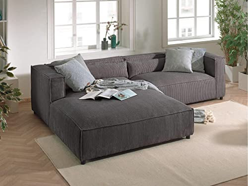 Lisa Design ELA – 4-Sitzer Ecksofa Links – aus Cordsamt – zeitgenössischer Stil Dunkelgrau