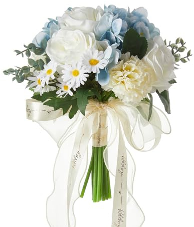 MISNODE Sposa Blu Bianco con Fiori con Nastro, Bouquet da Sposa con Rose Artificiali, Bouquet da Sposa per Matrimonio, Fiore da Sposa per la Decorazione del Soggiorno della Festa in Casa di Nozze
