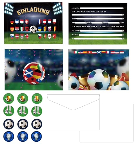 Tuofang 12 x Fussball Einladungskarten Kindergeburtstag, Fussball Design 2024, Fußball Einladungskarten Jungen, Geburtstag Einladungskarten Fussball