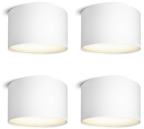 SSC-LUXon PIATO Aufbaustrahler 4er Set weiß rund 6W warmweiß Decke inkl LED | Vier flache Aufputz-Deckenspots weiß matt - warmweiß 6W, für Wohnzimmer, Flur & Büro, direkt an 230V, Ø14cm, inkl. LED
