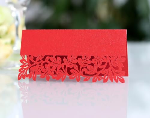 SYSUII Tischkarten Namenskarten 100 Stück -Platzkarten zum beschriften mit Elegantes Hohle Blätter Design Perlglanzpapier Sitznummernkarten für Hochzeit Geburtstag Konfirmation Kommunion Taufe -Rot