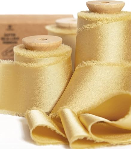 Vitalizart Nastro di Raso Setoso Oro, Nastro Sfrangiato 3,8 cm x 13,7 m, Nastri di Tessuto con Frange Fatti a Mano per Confezioni Regalo, Decorazioni per Feste, Bouquet da Sposa