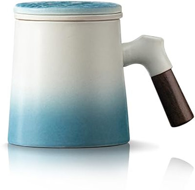 fanquare Tazas de Té Azules y Blancas con Asa de Madera Taza de Té de Cerámica con Infusor y Tapa Taza para Infusionar Té de Hojas Sueltas