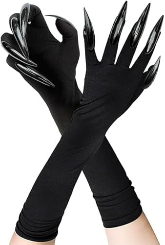 Halloween Handschuhe Mit Langen Fingernägeln - Schwarze Krallen Kostümhandschuhe für Karneval Cosplay Party