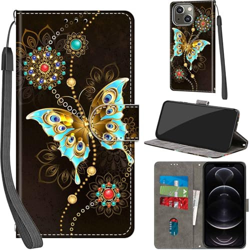 Haninsuze for iPhone 13 Case 6.1 Inch Case PU Leather Wallet Book Flip Folio Stand View Magnetic Multi-Pattern Cover compatible with iPhone 14 Phone Case (Green Butterfly)
