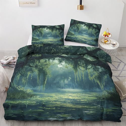NOGAWA Bettwäsche Mystische Wald 135x200 - Bettbezug Grün, Bettwäsche-Sets 2 teilig, Weich & Atmungsaktiv Mikrofaser Wendebettwäsche und 1 Kissenbezug 80x80 mit Reißverschluss