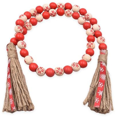 Christmas Wood Bead Garland - Red Rustic Wooden Beads with Jute Rope Plaid Tassel Bead Garland for New Year Winter Xmas Tiered Tray Décor Farmhouse Home Kitchen Wall Hanging Decoration