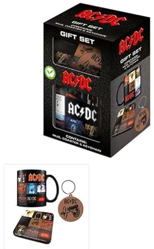 Set regalo AC/DC (tazza, sottobicchiere e portachiavi) - Merchandising ufficiale, include tazza in ceramica di alta qualità, sottobicchiere e portachiavi, perfetto per gli appassionati del rock,