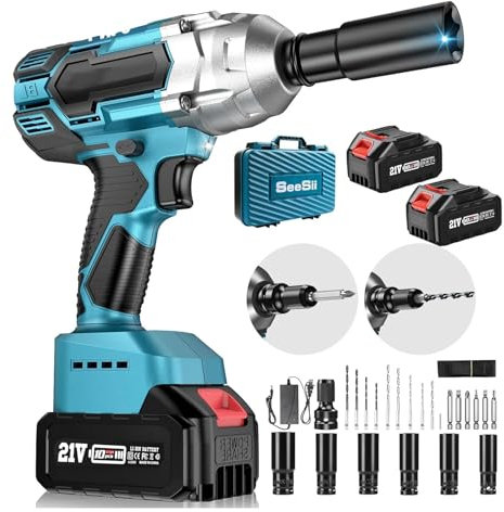 Seesii Cordless Impact Wrench 1/2 inch, Brushless Impact Gun Max Torque 479 Ft-lbs(650Nm), 3300RPM w/ 2X 4.0 Battery, 6 Sockets,9 Drill,6 Screws, High Torque Power Impact Driver for Car Home