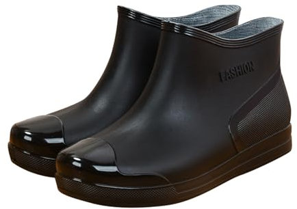 Botas de lluvia a la moda para mujer, zapatos de agua de plástico de tubo corto de corte bajo con suela antideslizante, plantilla de algodón extraíble con forro polar Botines Mujer Negros Planos