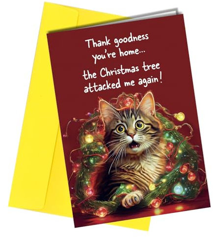 Weihnachtskarte, Danke Güte du bist zu Hause, Karten für Frauen Männer - Katze im Baum Weihnachten Happy Christmas Karte für Sie und Ihn - Papa Mama Bruder Schwester Tante Onkel Tochter Urlaubskarte