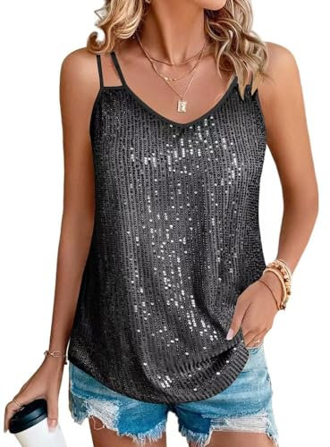 Suncife Damen Pailletten Oberteil Tank Glitzer Top Glitzertop Party Frauen, Schwarz, Silber, S