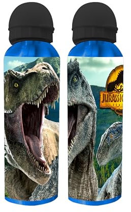 ALBRI Botella de aluminio de 400 ml con tapón de seguridad y boquilla antigoteo. Práctica y ecológica con el personaje de Jurassic