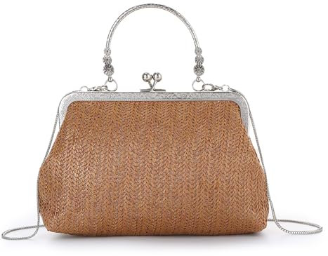 Ynport Crefreak Sac à Main en Paille pour Femme Sac Vintage Rétro avec Poignée Top Handle et Fermoir Kiss Lock Bandoulière Réglable et Chaîne Dorée Tissé d'Été, Idéal Plage