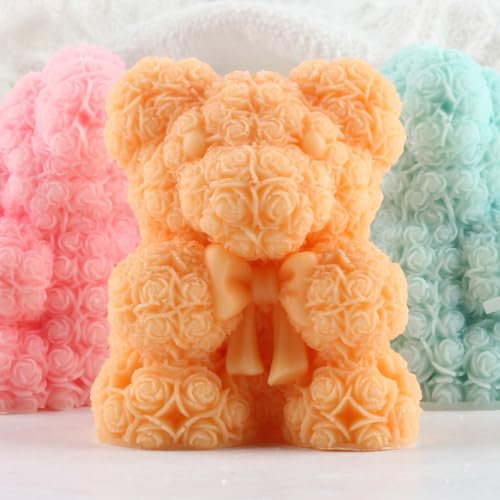 XIAOSHUI Rose Bear Candle Mould 3D Teddy Bear Silicone Mould Rose Bears Candle Silicone Moulds for Candle Making Resin Aromatherapy Gypsum Wax Clay Craft