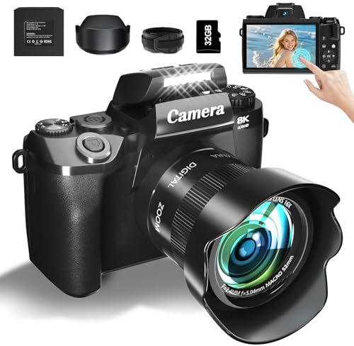 8K Digital Camera for Photography, WiFi & Dual-Lens Vlogging Camera for YouTube with 4 Touch Screen, 64MP Vlog Cameras 16X Digital Zoom with 3000mAh Battery, 32GB TF Card & Lens Hood(Black)