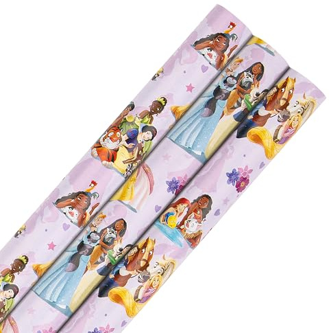 Hallmark Geschenkpapierrolle, 3 Stück in 1 Disney Prinzessinnen & Haustiere, je 2 m, Geburtstag, Weihnachten, Rosa