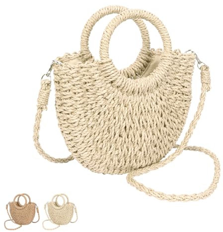 Minicloss Straw Beach Bag for Women Hand Woven Tote Bag, Woven Summer Handmade Shoulder Bag Beach Bag with Strap, Top Handle Handbag Straw Bag for Women Girls Holiday Travel Shopping Daily Use