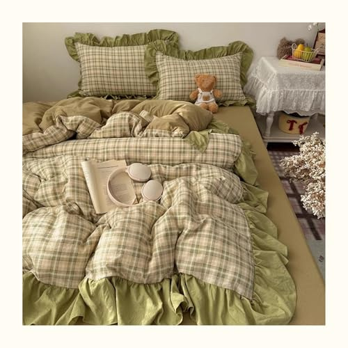 QSYEDR Housse de Couette à Volants Vert,Motif à Carreaux de Ferme Française,Parure de Lit 240X220 à Volants en Microfibre Imprimée,Ensemble de Literie Géométrique Simple et Moderne avec Taies D'Oreil