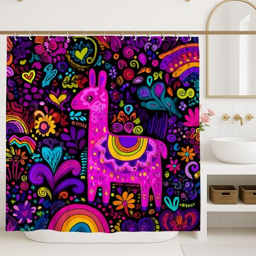 Bunter Lama-Duschvorhang, lebendiger Pfirsich-Tier-Badezimmer-Dekor, lustiger, moderner verspielter Stil für Kinder, Frühling, Sommer, wasserdichter Stoff mit Haken, 183 x 183 cm