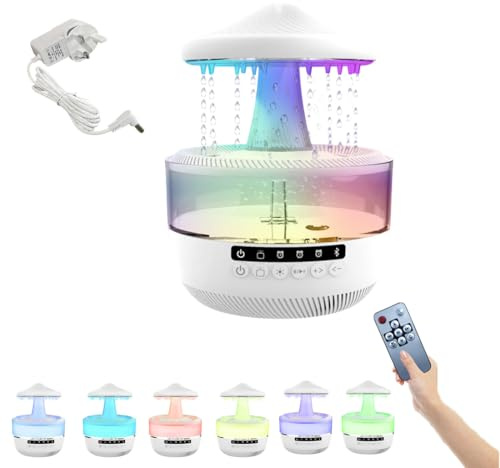 WRQIOO Rain Cloud Humidifier Waterfall Lamp, Gloomy Rain Cloud Lamp with 7 Colors Light, Ra-in Humidifier for Bedroom with Water Drop Sound and Bluetooth, Remote Control, for Home Office