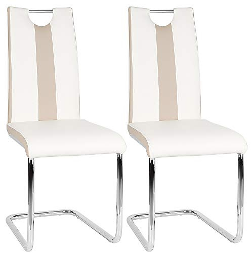 homewell Esszimmerstuhl 2er Set mit Kunstleder Bezug, Hohe Rückenlehne mit Armlehnen, Schwingstuhl, Küchenstuhl für Esszimmer & Küche Küchenstühle (Weiß + Beige)