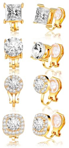 4 Pairs Cubic Zirconia Clip Earrings for Women Dance Competition - Non Pierced Diamond Clip On Earrings studs for Men