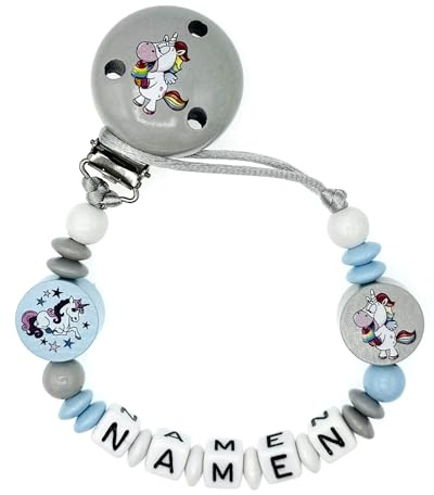 Nuckelkette mit Namen  PONY PFERD EINHORN  Hellgrau Babyblau Weiß/Baby/Unisex/Personalisiert/HANMADE
