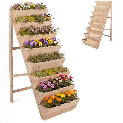 HOMASIS Jardiniere sur Pieds en Bois de Étages, Bac Jardinage Potager Surélevé d’Escalier avec Plates-Lits en V et Base Triangulaire Stable, pour Herbes, Fleurs, Légumes (Nature, 100x60x149,5cm)