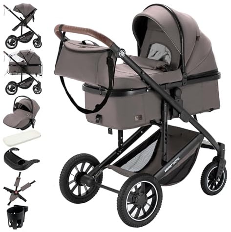 Daliya® FLEXI-PRO M 3in1 Kinderwagen & Buggy mit i-Size Babyschale, Viel Zubehör (Braun-Grau)