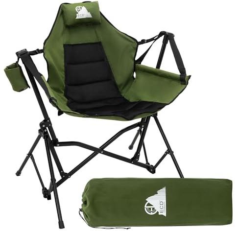 ECD Germany Campingstuhl faltbar, Angelstuhl mit Stahlgestell, Schaukelstuhl mit Getränkehalter & Nackenkissen, Klappstuhl Verstellbare Rückenlehne, Faltstuhl für Outdoor Camping Angeln Garten, Khaki