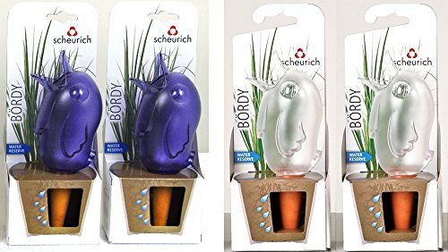 Scheurich Wasserspender Bördy S | 4er Set Lila/Transparent | 90 ml Füllmenge | Bewässerungskugel klein mit Ton Fuß | Wasserspender Pflanzen und Blumen Terrakotta Stiel