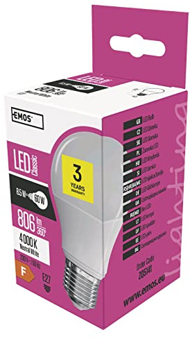 EMOS LED Lampe A60, 8,5 W Ersatz für 60 W Glühbirne, E27 Sockel, Helligkeit 806 Lumen, Neutralweiß 4000 Kelvin, 30000 Stunden Lebensdauer, CRI min. 80, 180° Abstrahlwinkel