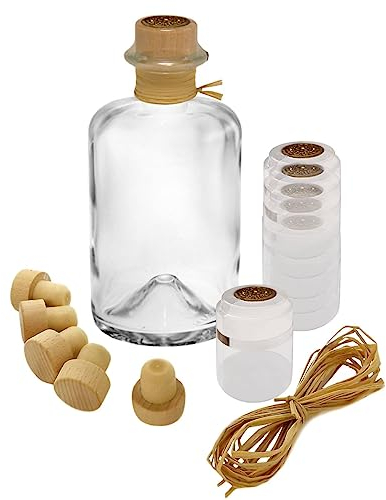 Geniess-Bar! 5x Profi Set Apothekerflasche 500 ml leer Glas Apotheker Flaschen zum selbst befüllen & transparente Schrumpfkapseln mit Siegel gold & Korken & Bast