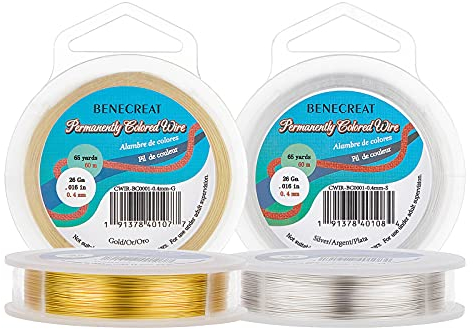BENECREAT 2 Rolls 26Gauge (0.4mm) Tarnish Resistant Silver/Gold Coil Wire Jewelry Making Copper Wire, 396Feet/120m in Total