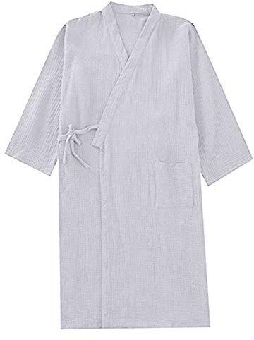 Qchomee Herren Kimono Morgenmantel Casual Yukata V-Ausschnitt Schlafrock Langarm Schlafmantel Schlafshirt Baumwolle Bademantel Japanische Saunamantel Gemütlich Nachtwäsche Sleepwear mit Tasche (Grau)