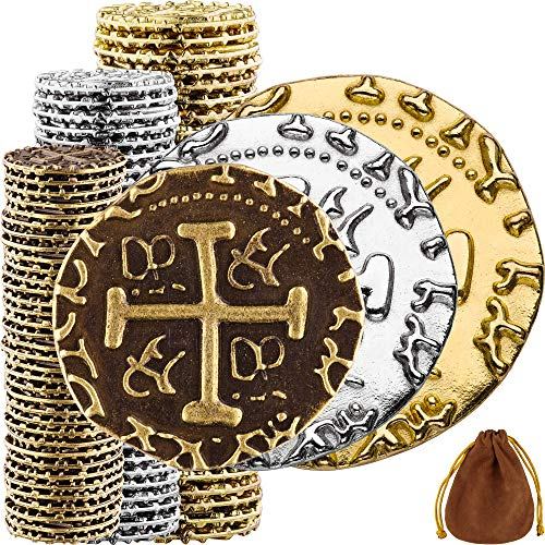 Piraten Münzen Zubehör, 102 Bronze, Silber & Goldmünzen-Set, Metall Goldtaler Deko Dublonen für DND Brettspiele, Cosplay, Realistische Mittelalter Geld-Imitation, Piratenschatz - M, L, XL Größen Mix