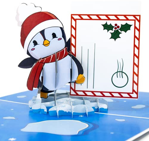 LIMAH® Pop-Up 3D Grußkarte/Lustige Weihnachtskarte/Gutschein-Karte, Geldgeschenk-Karte zu Weihnachten/Motiv Pinguin mit einem Umschlag/in Blau/mit befüllbaren Umschlag