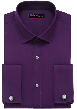 Gollnwe Men's French Cuff Dress Shirt Slim Fit Stretch Solid Long Sleeve Shirts Bussiness Formal Dark Purple S
