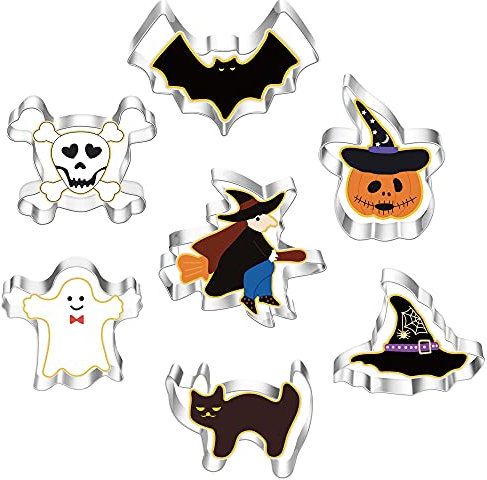 Moldes Galletas Halloween de 7 piezas, juego de cortadores de galletas para hornear de acero inoxidable: calabaza, murciélago, fantasma, gato, bruja, sombrero, esqueleto