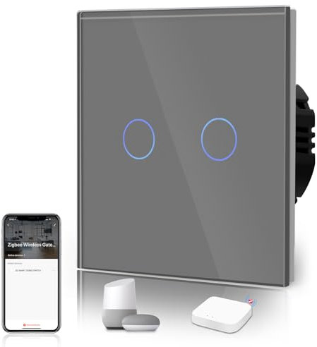 BSEED Smart ZigBee Schalter Unterputz Lichtschalter WiFi Berührungssensor Glas 2.4GHz Single Live Wandschalter (Hub Erforderlich) Kompatibel mit Alexa/Google Home/Tuya/Smart Life 2 Fach 1 Weg Grau
