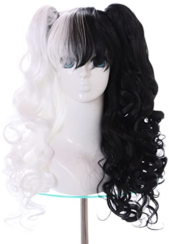 KS-173 Schwarz Weiß 70cm lockig Twin Tail 3-teile für Monokuma Danganronpa Cosplay Perücke Wig Anime Manga