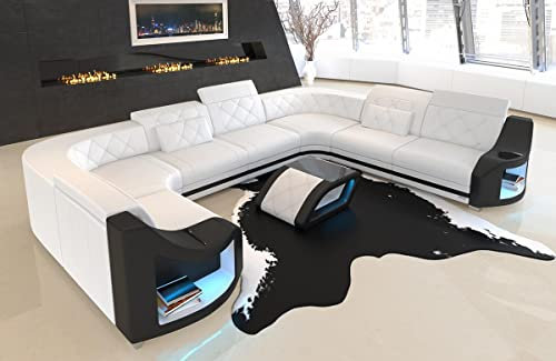 Wohnlandschaft Genua Ledersofa U Form Sofa - mit LED Beleuchtung, verstellbare Kopfstützen/Lederfarben wählbar/Ausrichtung wählbar (Lange Seite rechts, Weiß-Schwarz)