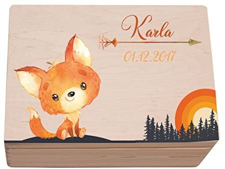 Hochzeitideal - Personalisierte Erinnerungskiste | Holzkiste Fuchs Motiv | Aufbewahrungskiste | Geschenkt Geburt | Erinnerungsbox Baby Taufe | Holzkiste für Kinder (XL (40x30x23 cm))