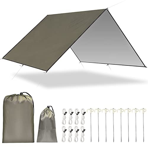 BLUEVER Camping Zeltplane 300 cm x 300 cm/400 cm wasserdichte Anti-UV-Hängemattenplane mit 8 Erdnägeln und 8 Seilen für Picknick im Freien