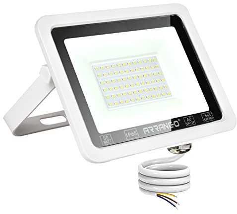 Faretto LED da Esterno, Proiettore LED da 50 W con Chip LUMILEDS, Cornice Bianco, Luce Fredda 6500 K, 3000 lumen, Indice di Protezione IP65 (B50W, FR)