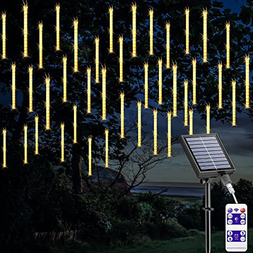 DINOWIN Solar Meteorschauer Lichterkette Außen Mit Fernbedienung Wasserdichte Lichterketten Licht aus 30cm 8 Tubes Schnur 288LEDs Fallende Regenlichter für Hochzeitsfeier Weihnachtsbaum (Warmweiß)