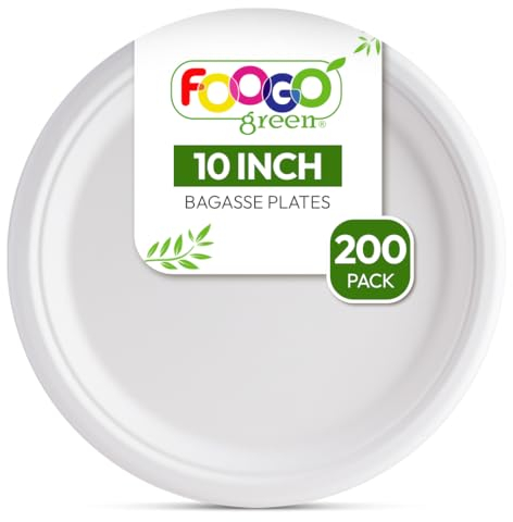 FOOGO Green 200 Assiettes Jetables Bagasse Canne à Sucre, 25 cm, Grandes, Vaisselle Jetable, Écologiques, Biodégradables, Compostables, Pique-nique, Fête, Assiettes Rondes Solides en Papier