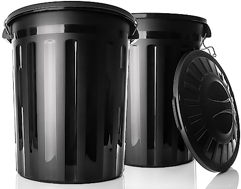 BigDean 2 Stück wetterfeste Universaltonne mit Deckel Schwarz und 2 Tragegriffen + Clip Verschluss auch als Mülltonne – Regentonne und Futtertonne geeignet für Indoor + Outdoor geeignet